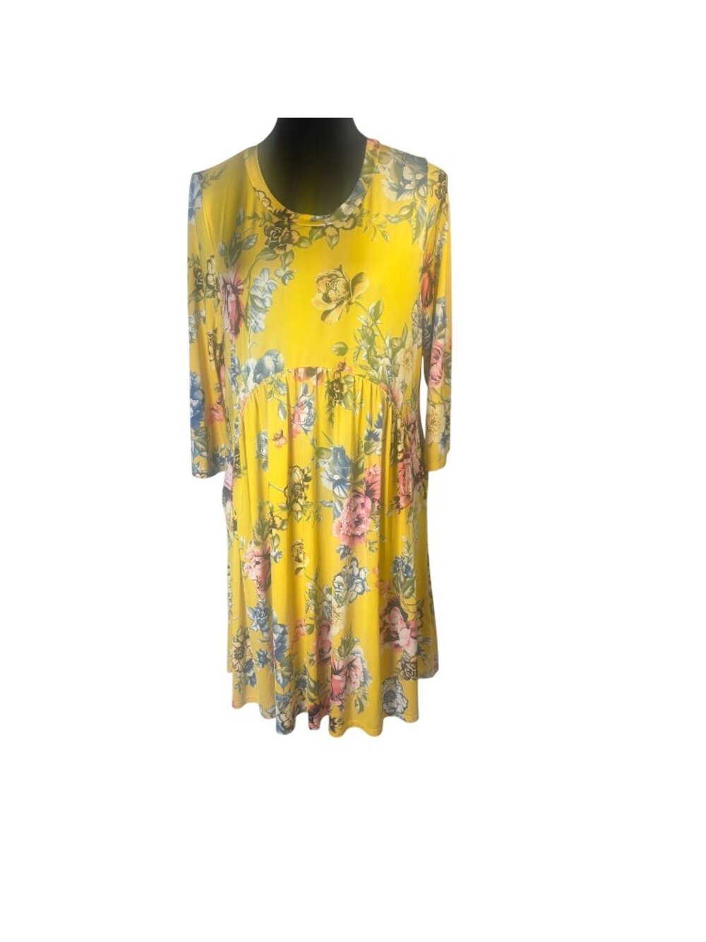 Platinum Yellow Floral Pleated Maxi Kaftan Dress Long Sleeve Boho Casual Size 1